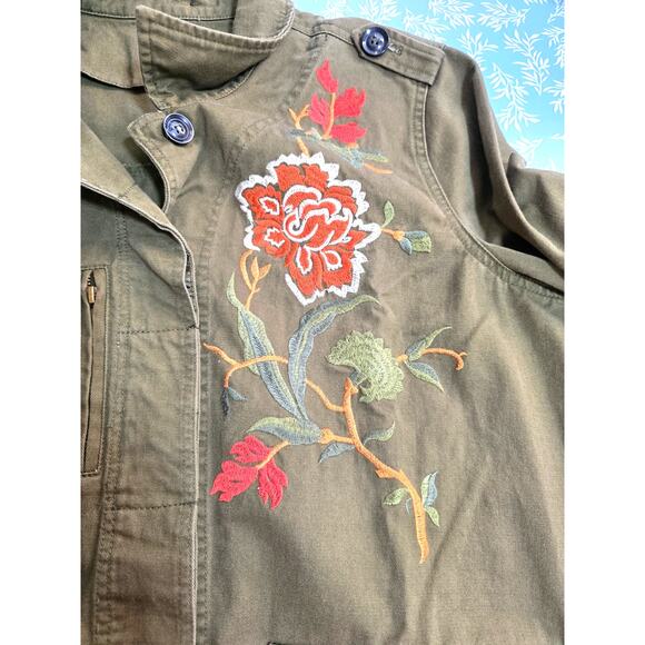 Umgee Womens Sz L Olive Green Floral Embroidered Pockets Barn Chore Coat - Picture 5 of 12